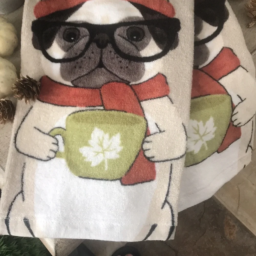 Adorable Fall Pug plush kitchen towels 100% cotton